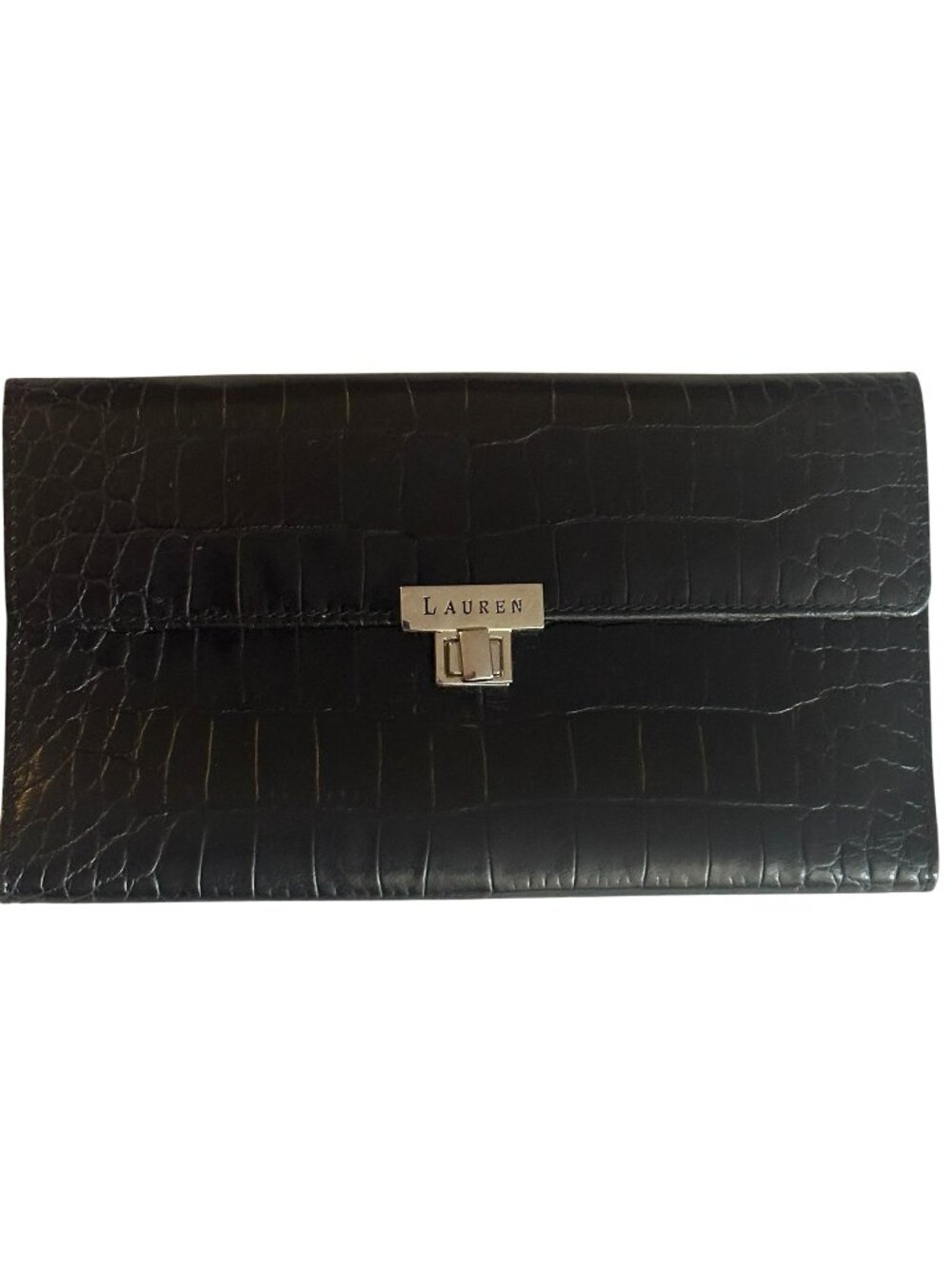 Lauren Ralph Lauren Wallet Black Croc Embossed Leather Turnlock Quiet Luxury